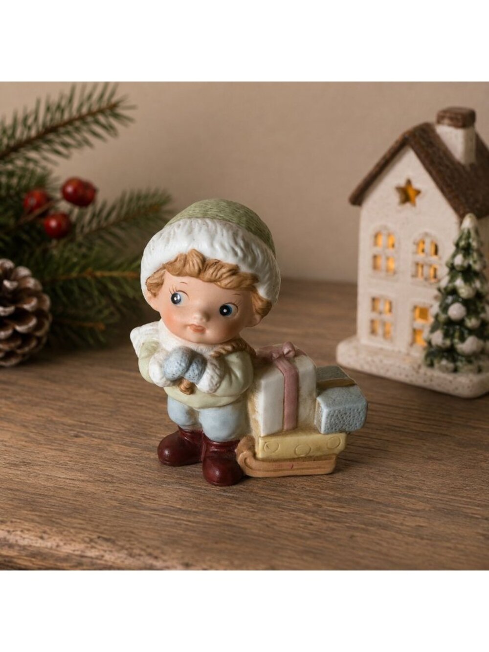 Homco 5556 Figurine Boy With Sled and Gifts Hand Painted Porcelain Vintage